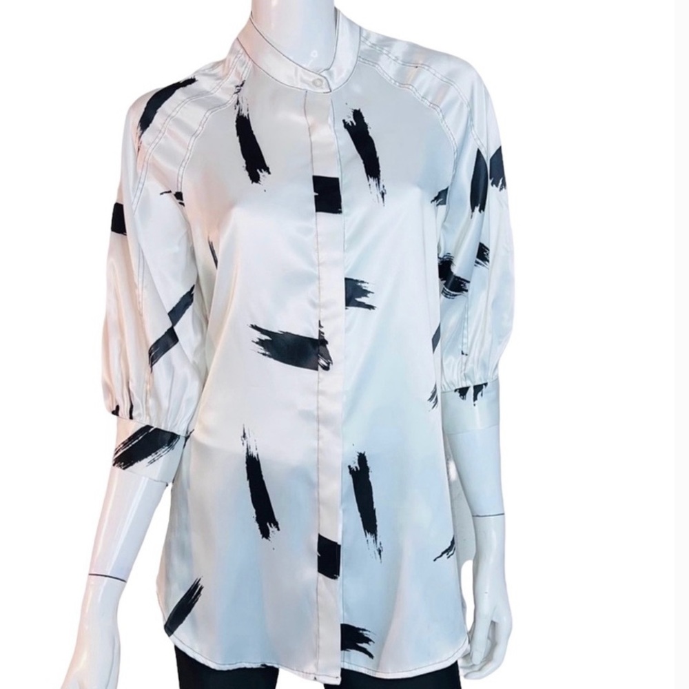 4/$24 Beach Satin‎ 1/2 Length Sleeve Button Down White Black Button Down Shirt